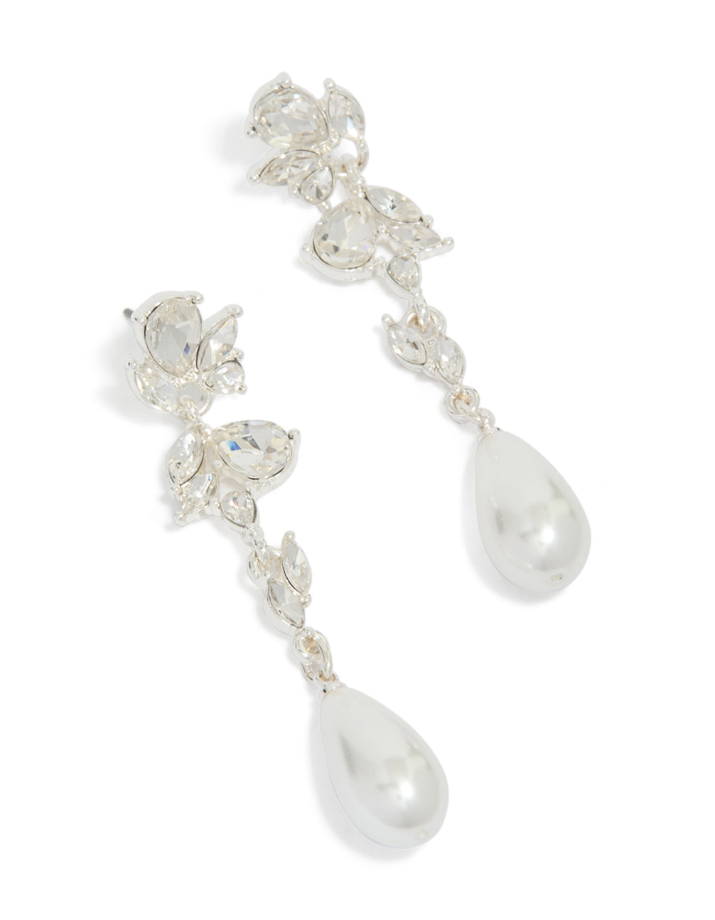 Elegant silver pearl and crystal leaf drop earrings front view