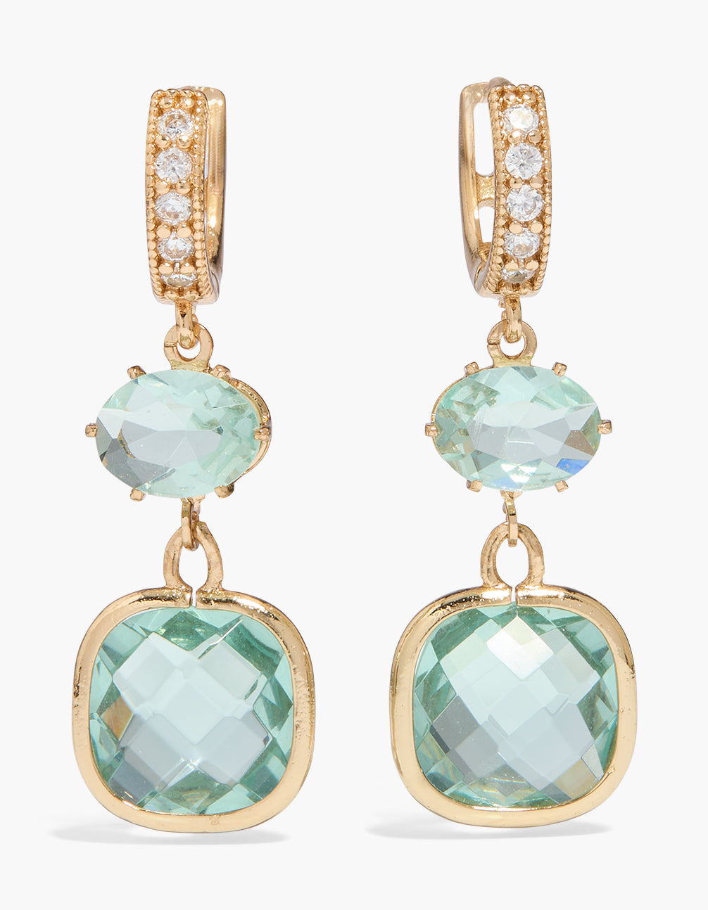Showcasing gold double light blue cubic zirconia huggie drop earrings with crystal accents front view