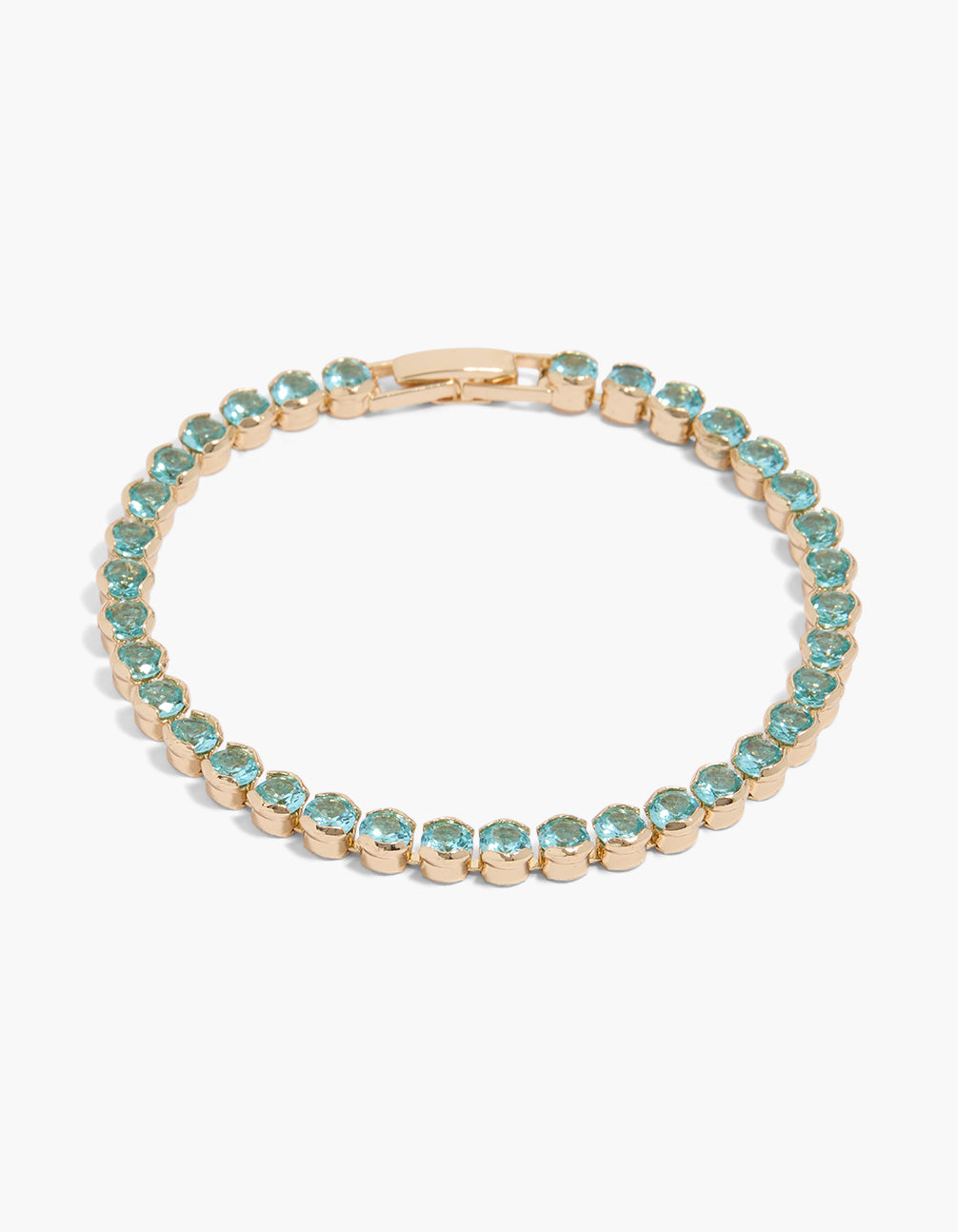 Showcasing a dainty tennis bracelet with turquoise cubic zirconia stones in round cut, set in gold, front view