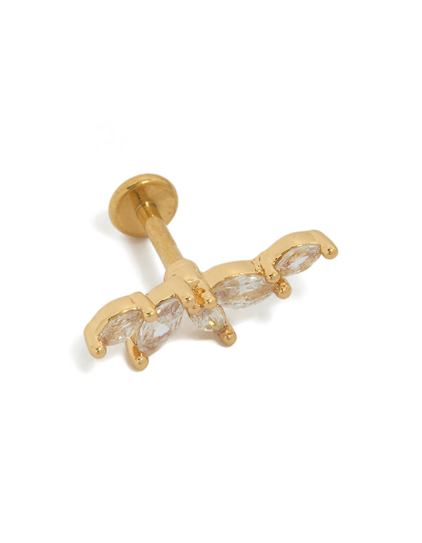 Showcasing a gold plated titanium cubic zirconia fan crawler single flat back stud in statement styling front view