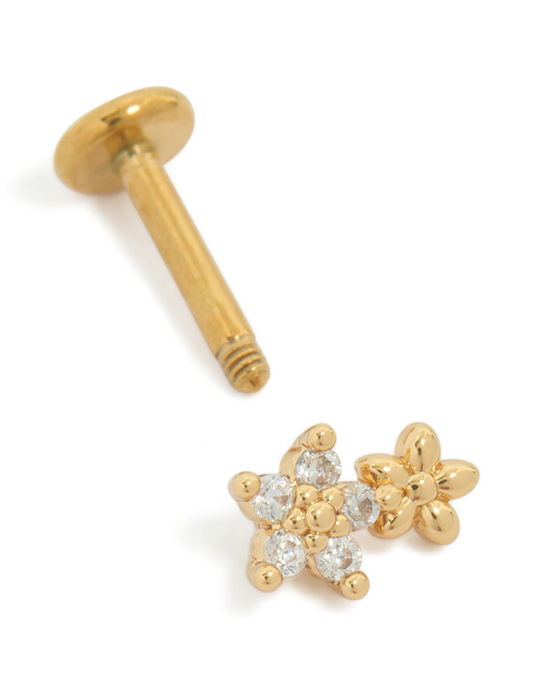 Beautifully crafted dainty floral stud in gold plated titanium with cubic zirconia double flower and flat back closure detail view