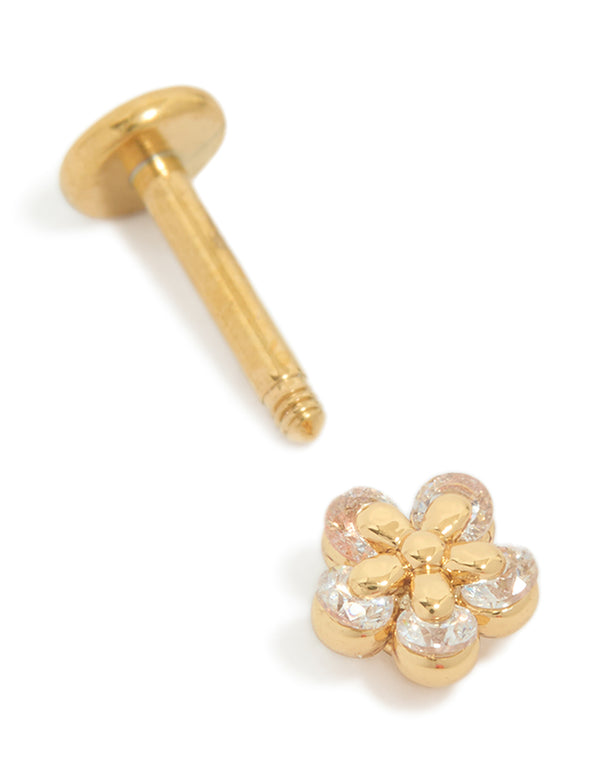 Featuring a dainty floral stud earring in gold plated titanium with cubic zirconia and flat back closure detail view