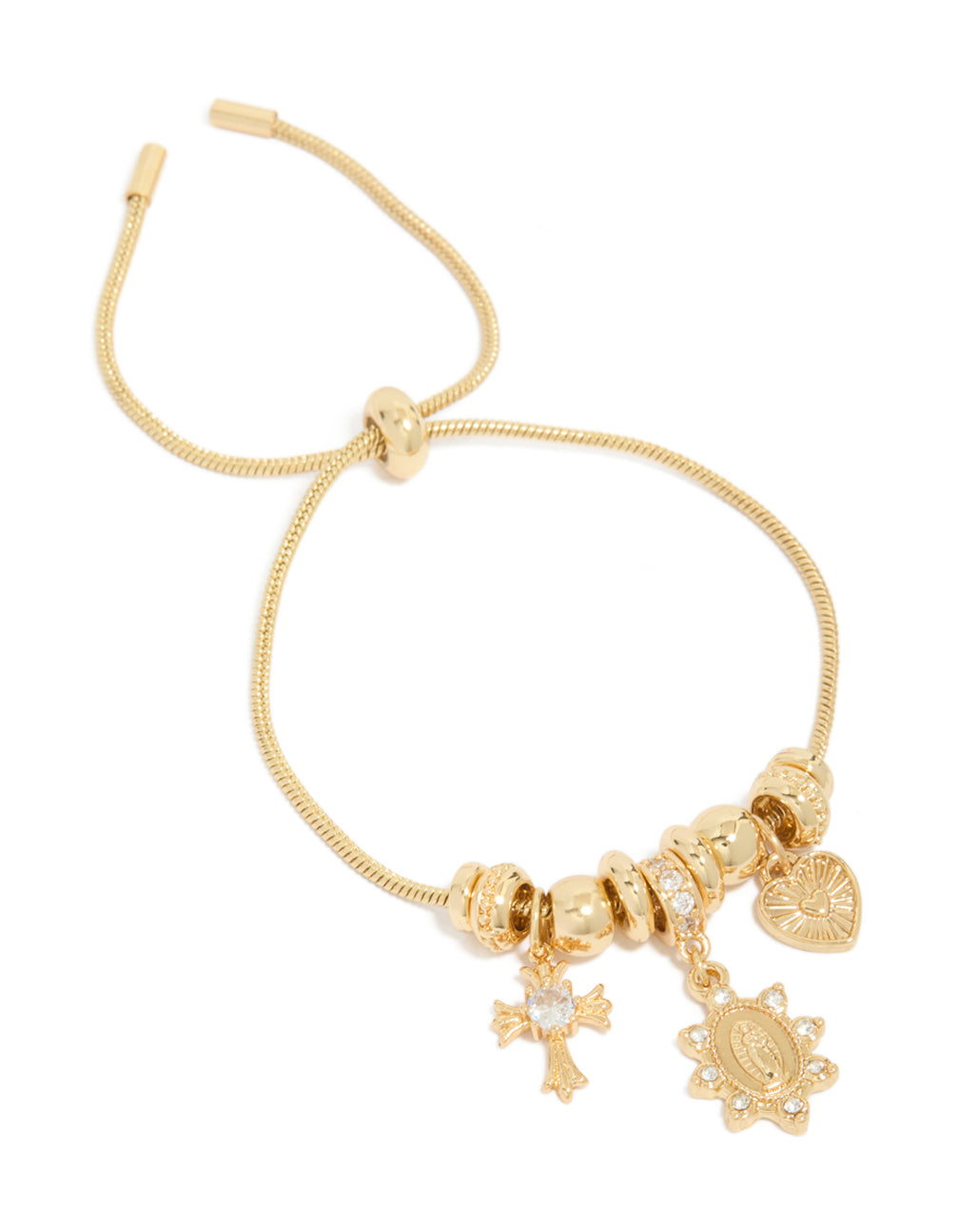 Beautifully crafted gold plated cubic zirconia heart and cross toggle bracelet with charms, and crystal accents in gold front view
