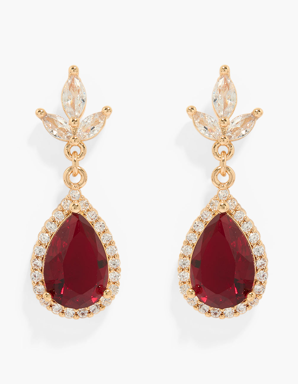 Elegant gold red cubic zirconia floral pear drop earrings featuring marquise cut crystal stones in a statement design front view