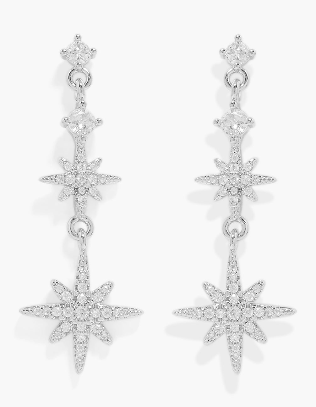 Elegant cubic zirconia star trio drop earrings featuring celestial design in silver front view