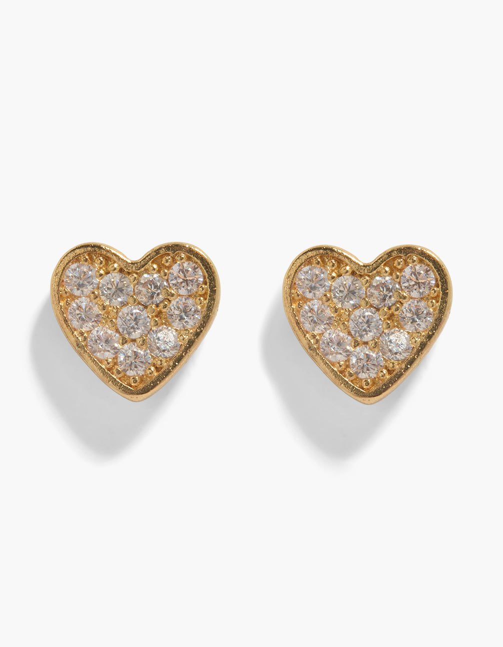 Presenting kids studs crafted from surgical steel with heart-shaped design featuring cubic zirconia stones, gold plated finish, and flat back closure front view