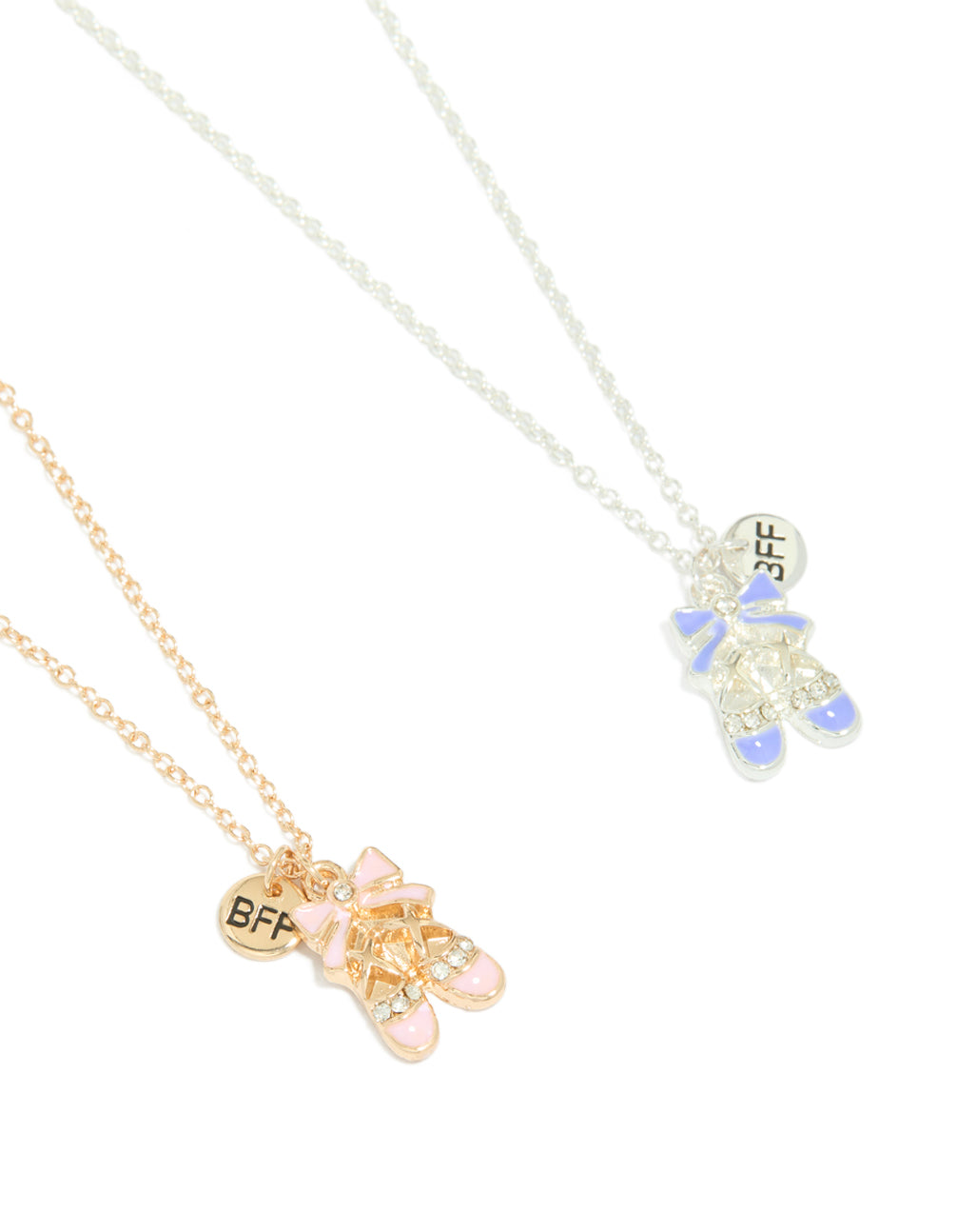 Kids mixed metal ballet slipper BFF necklaces featuring bow, charm and script in gold silver pink light blue pendant 2-pack front view