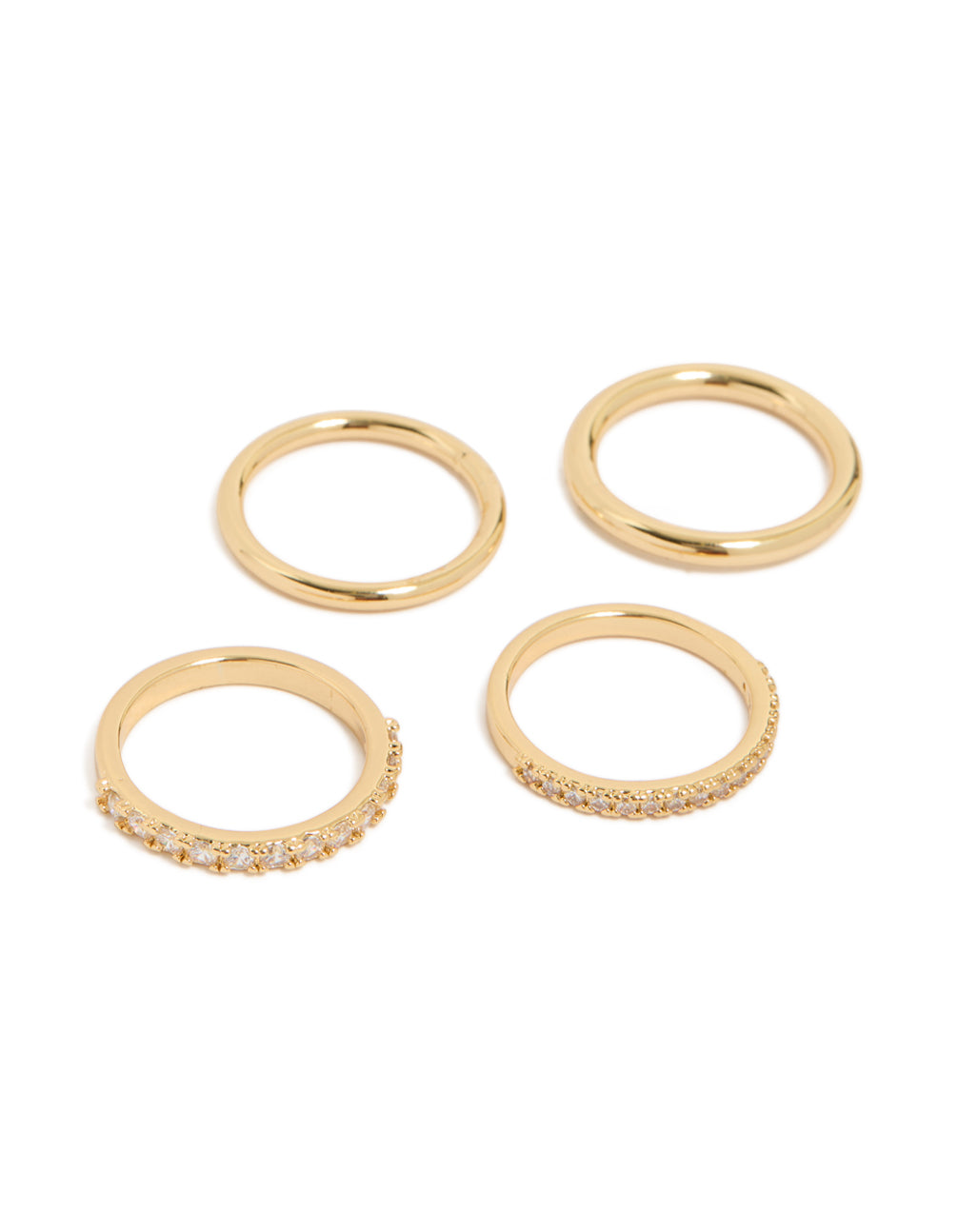Showcasing gold plated cubic zirconia and crystal rings in a 4-pack front view
