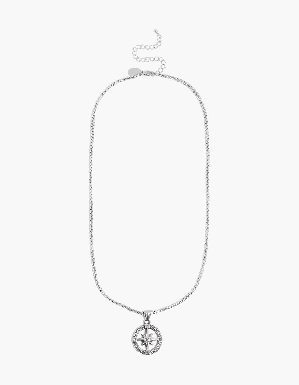 Discover this waterproof stainless steel compass pendant necklace in silver front view