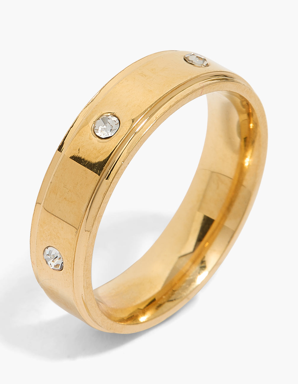 Mens Waterproof Gold Plated Stainless Steel Cubic Zirconia Flat Band Ring
