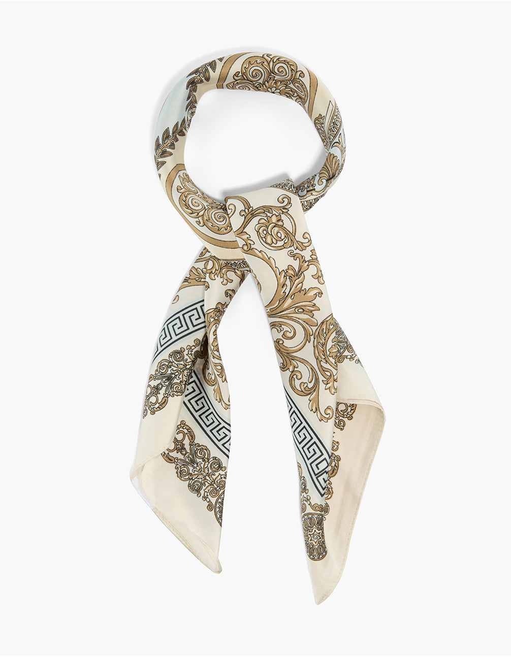 Discover a white monochrome Greek key and paisley printed scarf in goldenrod and light blue side view