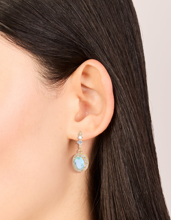 Gold Plated Blue Cubic Zirconia Oval Halo Drop Earrings