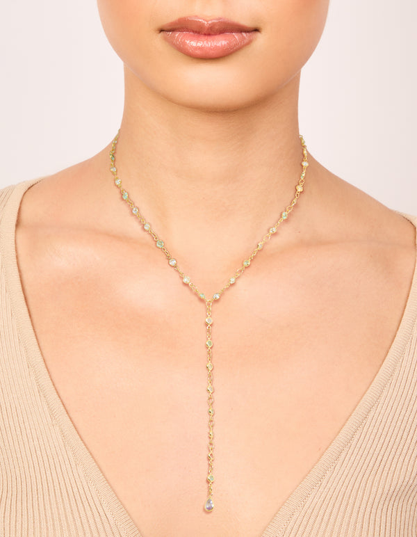 Gold Plated Cubic Zirconia Blue Circle Detail Y-Necklace