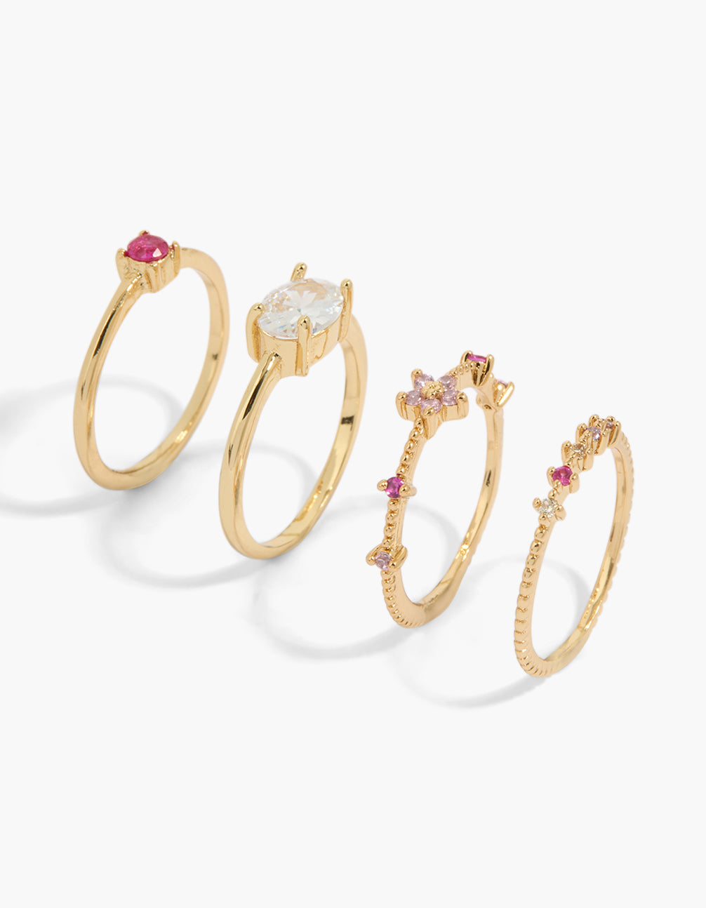 Gold Plated Multicoloured Cubic Zirconia Mini Mixed Flower Rings 4-Pack
