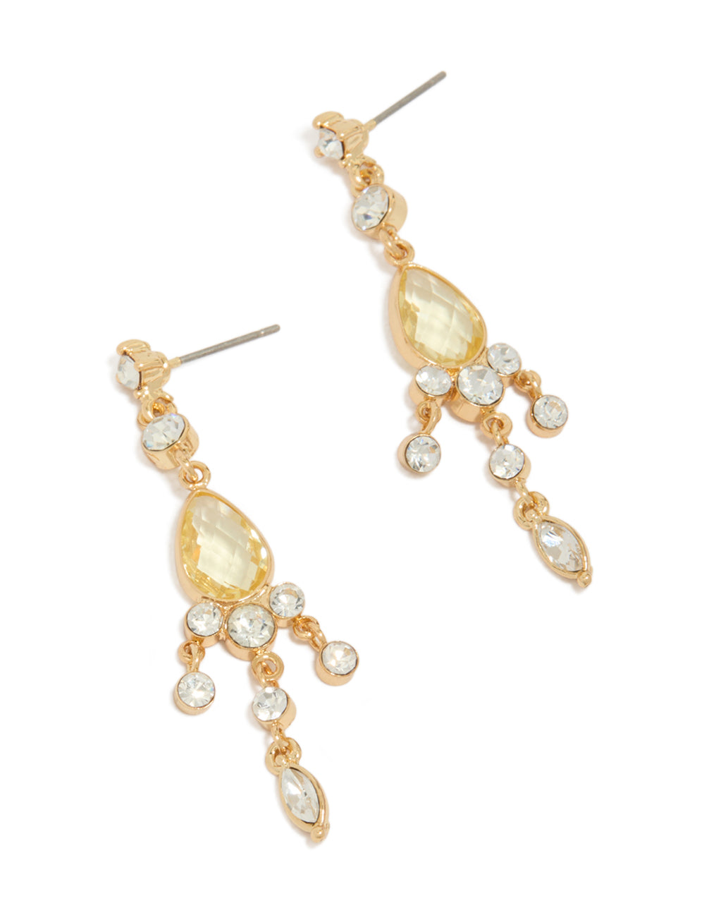 Discover gold plated cubic zirconia yellow drop earrings featuring charm details front view