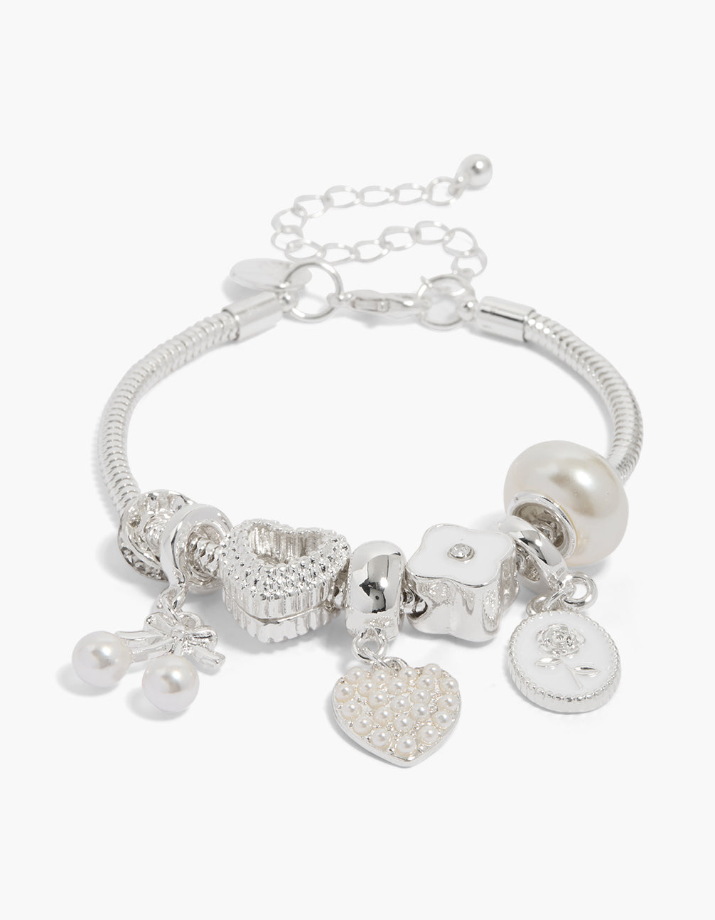 Silver Pearl Heart & Flower Charm Bracelet