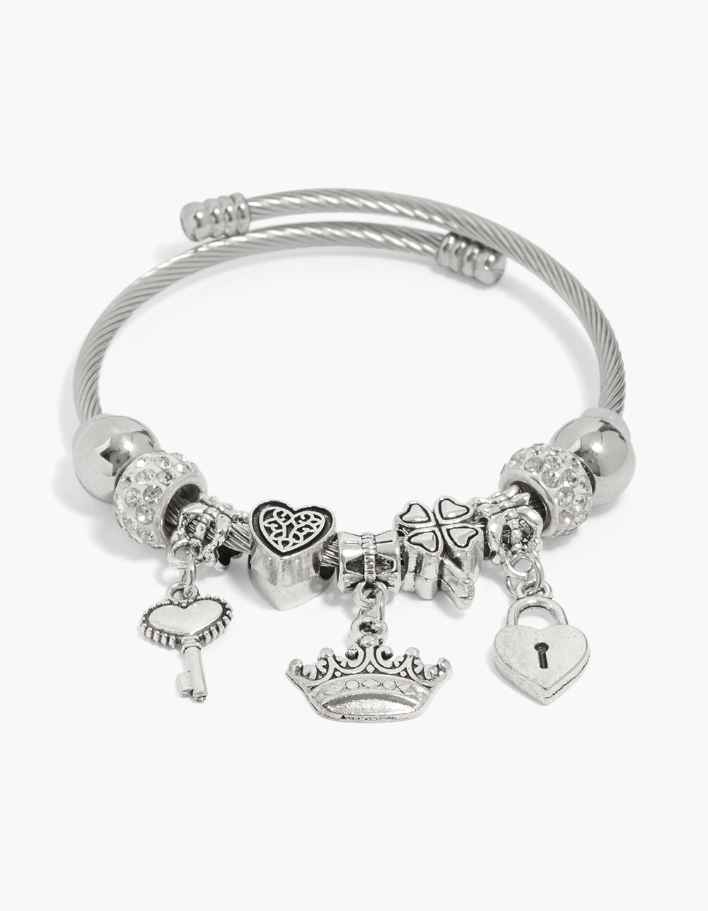 Beautifully designed silver crown lock and key charm bracelet featuring heart and padlock details front view