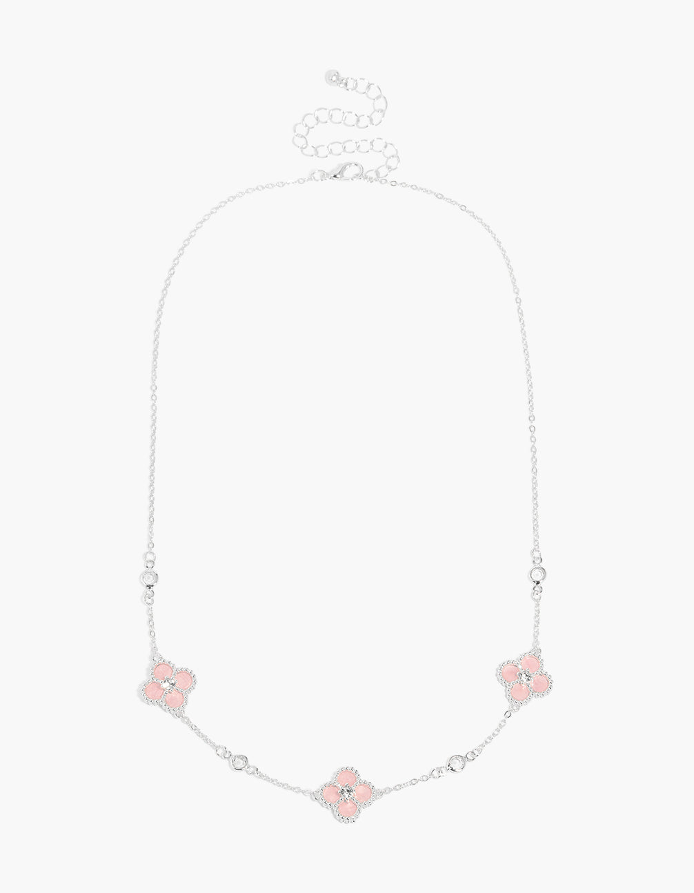 Silver Plated Pink Cubic Zirconia Flowers Necklace