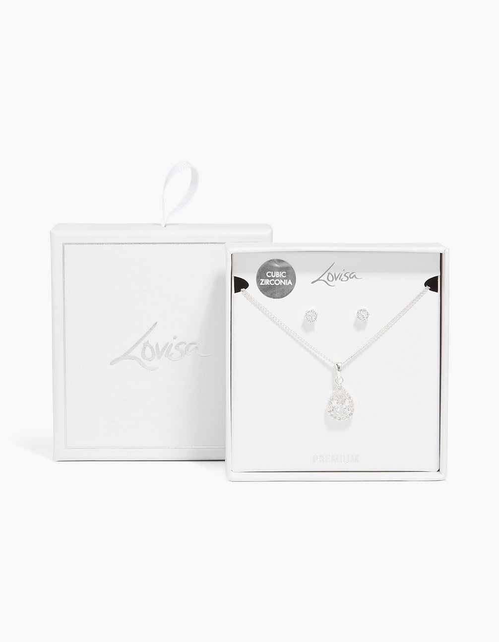 Silver Plated Cubic Zirconia Halo Teardrop Necklace & Earrings Set