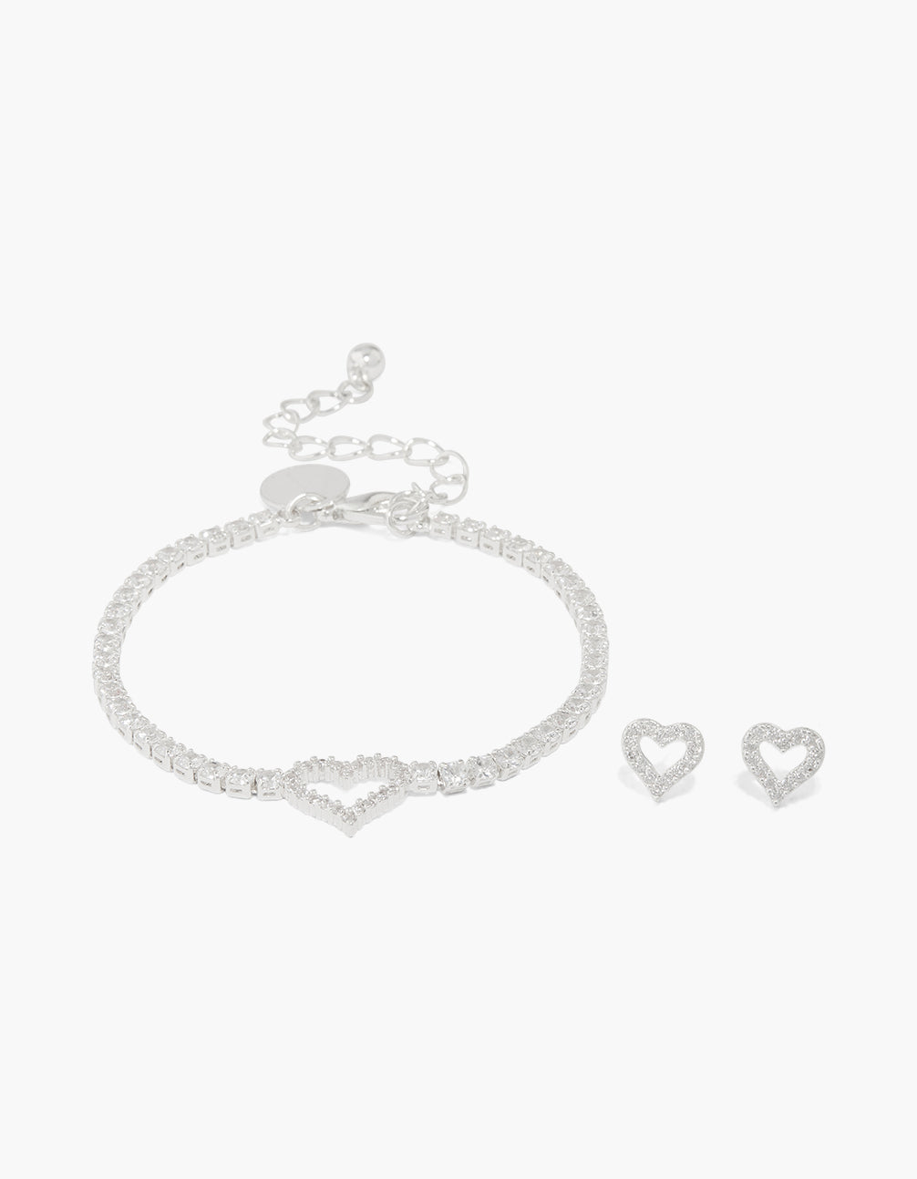Silver Plated Silver Cubic Zirconia Outline Heart Bracelet & Earrings Set