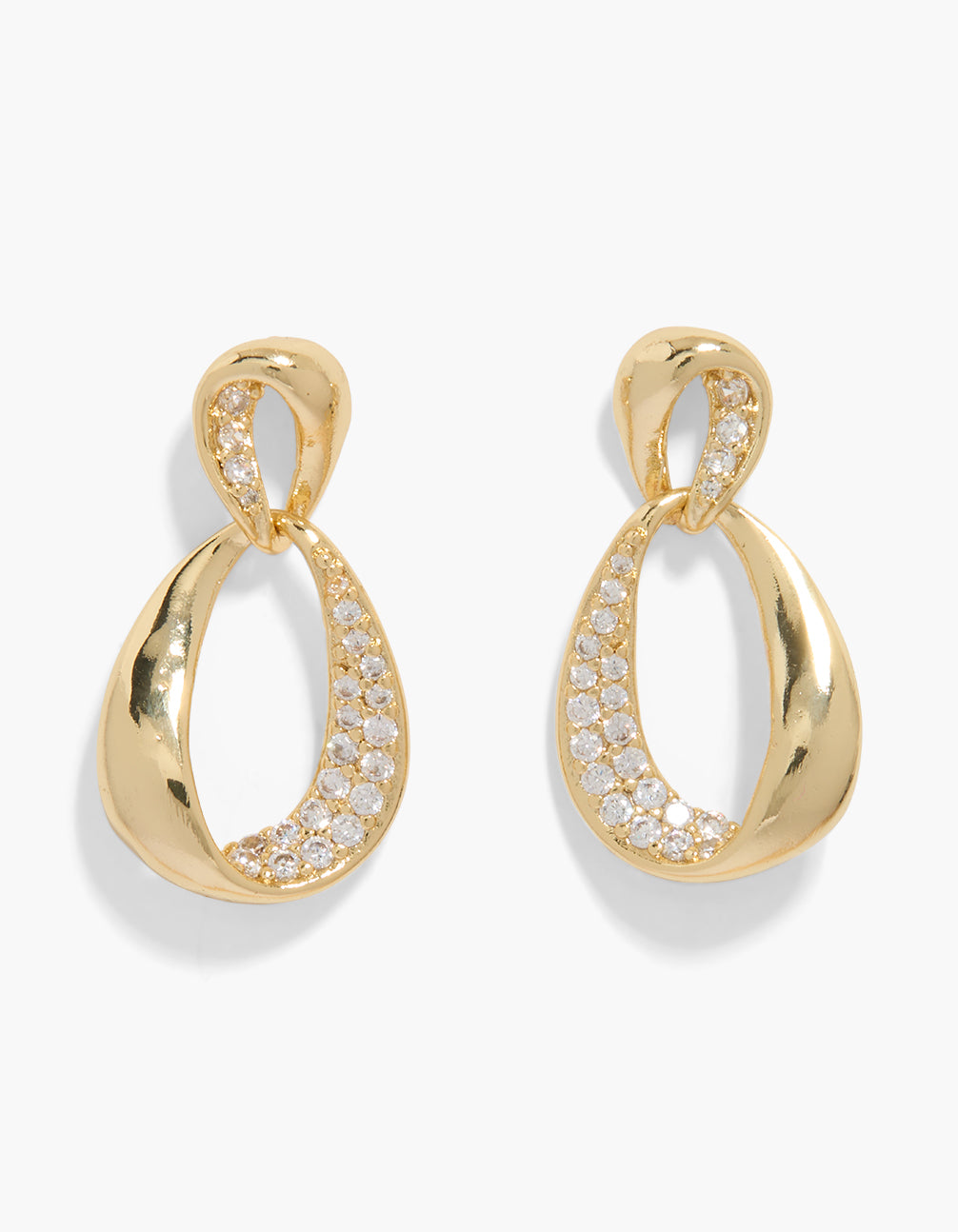Showcasing gold plated cubic zirconia open link drop earrings front view
