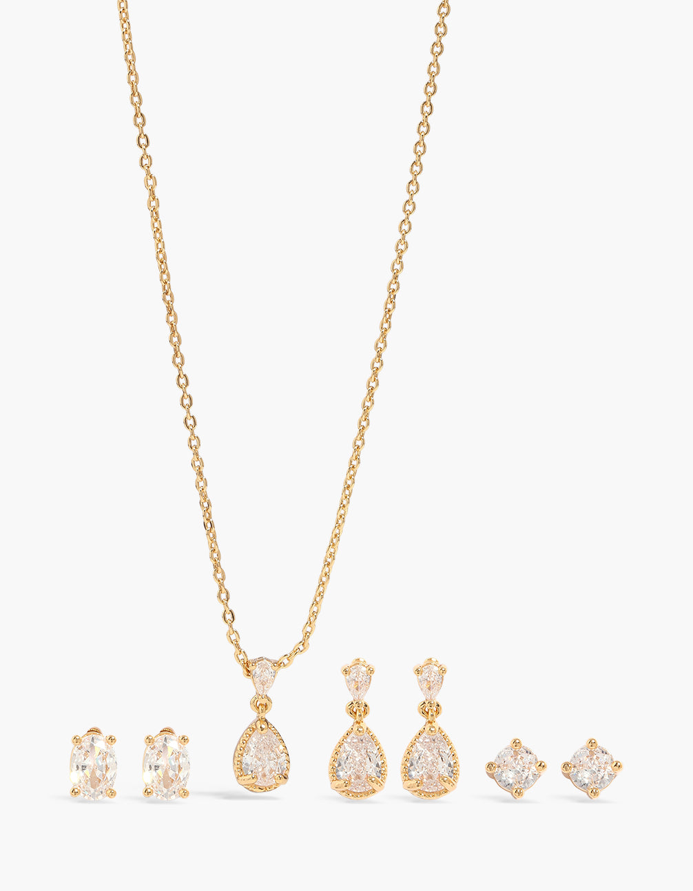 Gold Plated Cubic Zirconia Teardrop Mix Earring & Necklace Jewellery Set 3-Pack