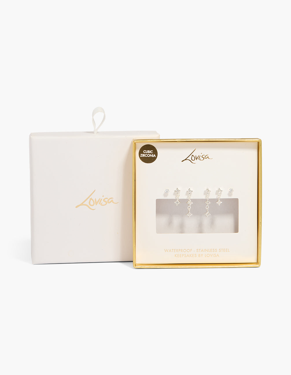 Crafted from waterproof stainless steel with cubic zirconia, this stud and drop earring 3-pack in silver arrives beautifully packaged close up view