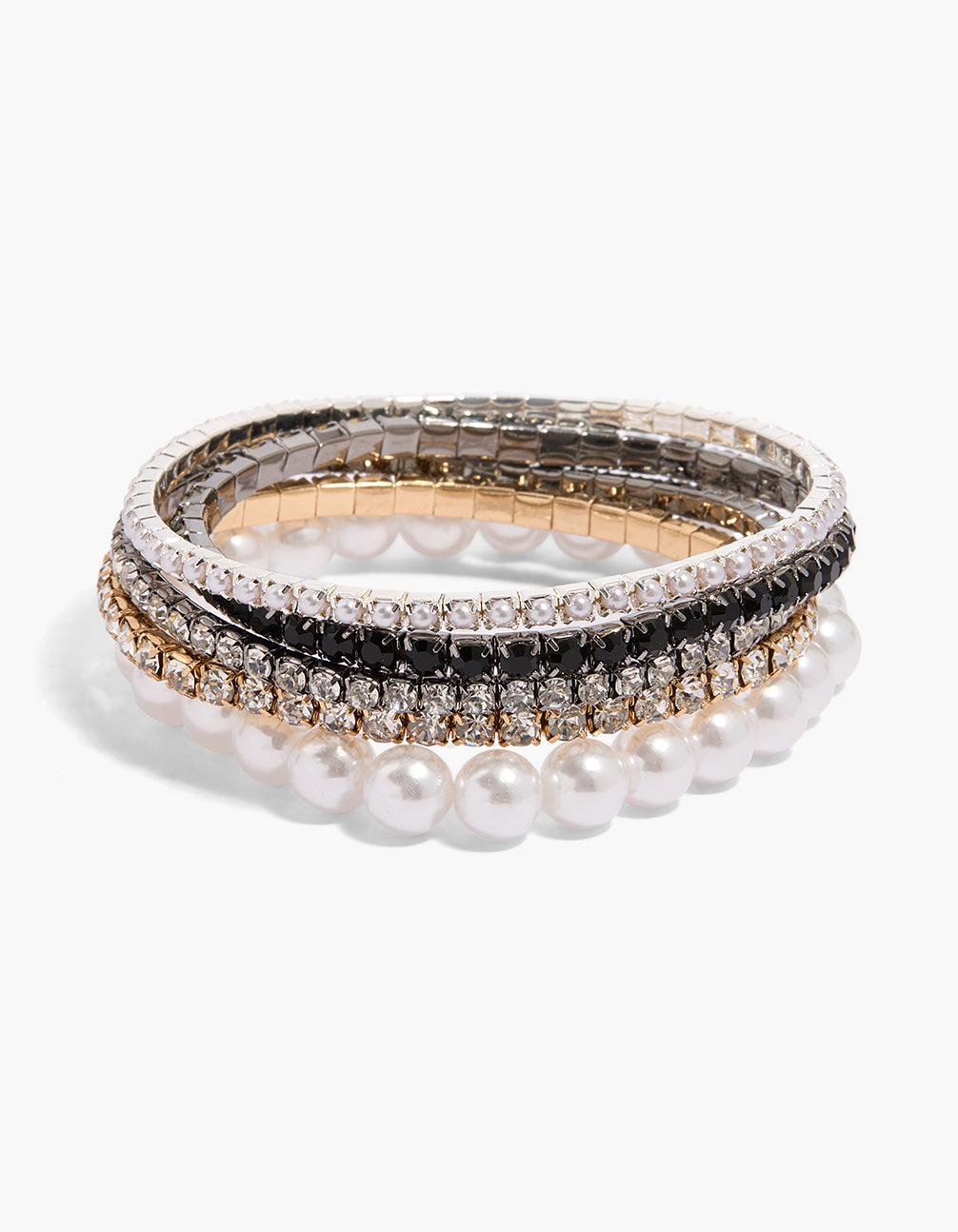 Elegant mixed material party stretch bracelet 5-pack featuring pearl, clear, black, gold, and silver front view