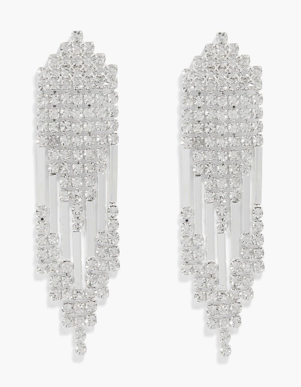 Stunning statement drop earrings in silver with diamante arrow cupchain design front view