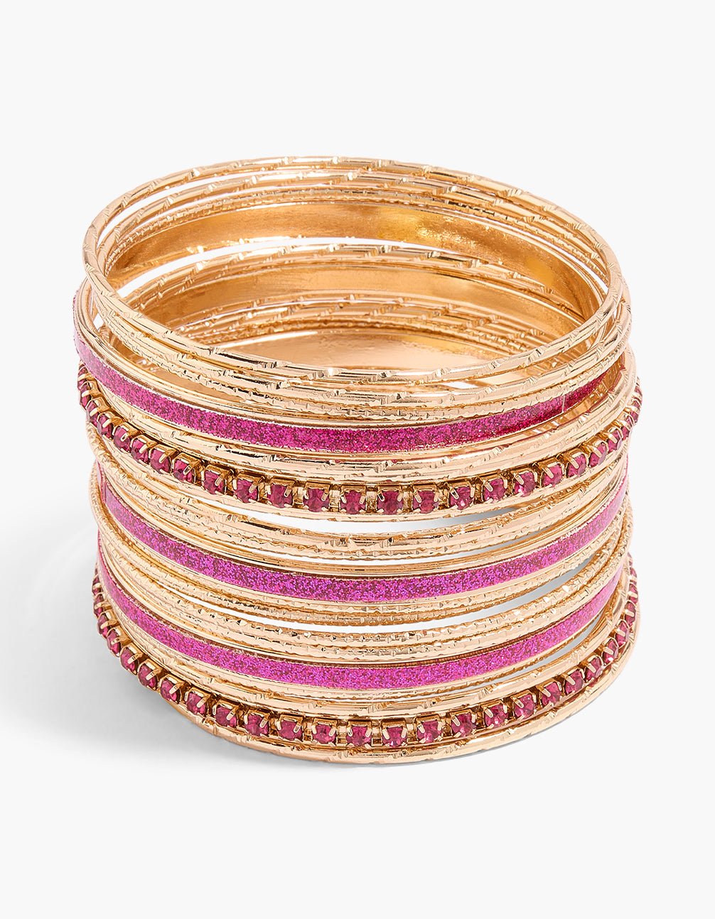 Showcasing a gold pink glitter cupchain bangles 21-pack front view