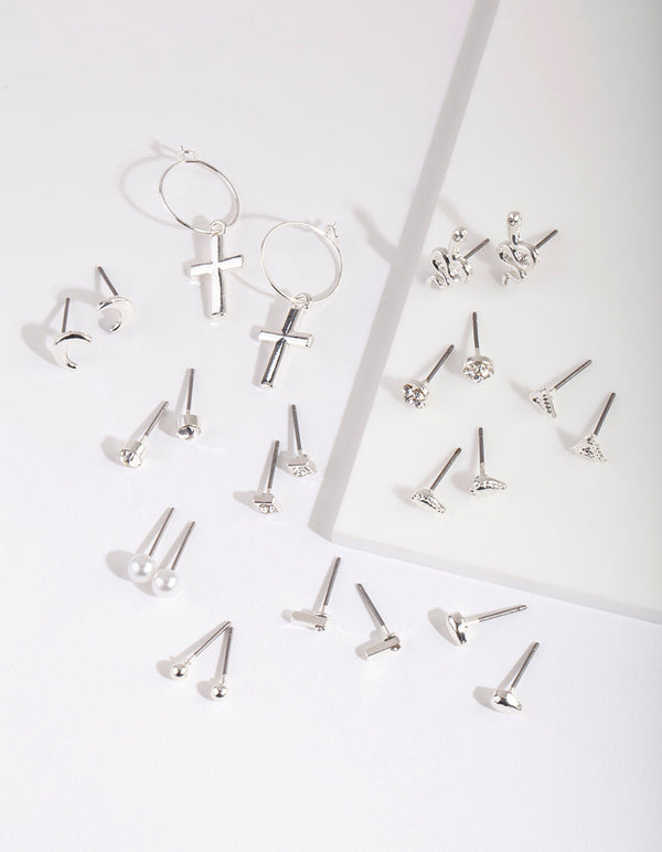Silver Cross & Moon Earring 12-Pack