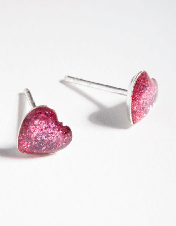 Sterling Silver Epoxy Heart Stud Earrings