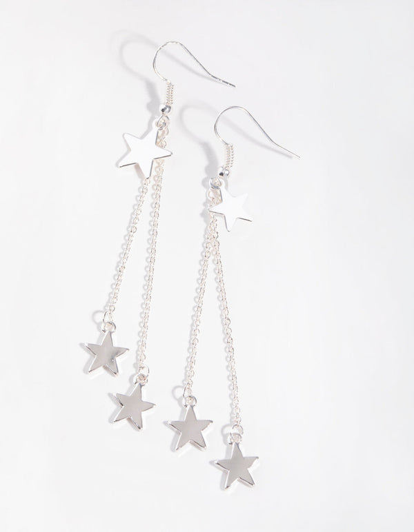 Silver Double Star Drop Earrings