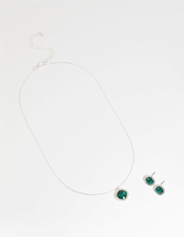 Green Cushion Halo Necklace & Earrings Set