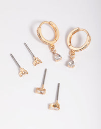 Gold Cubic Zirconia Dainty Stud & Huggie Earring Stack Pack - link has visual effect only