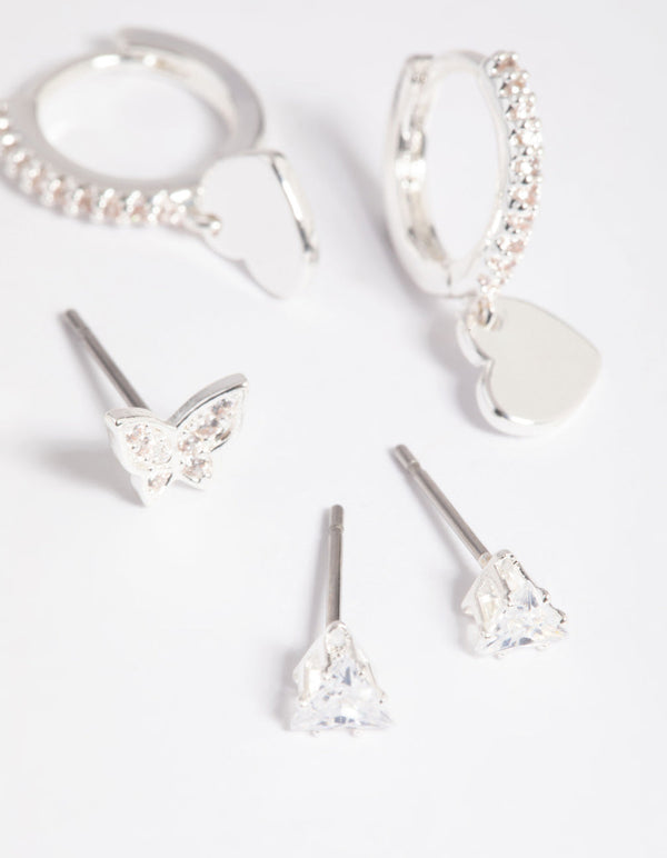 Silver Plated Brass Butterfly & Heart Earring Stack 6-Pack