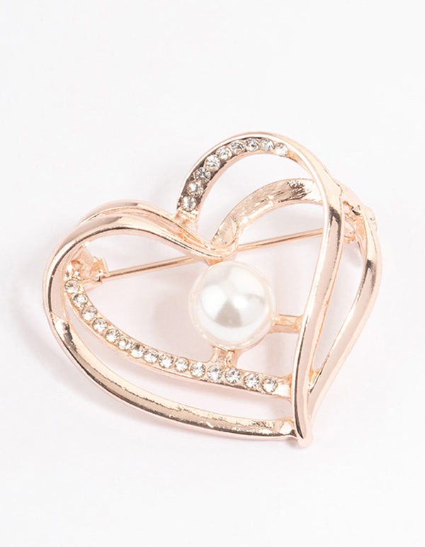 Rose Gold Double Heart Pearl Brooch