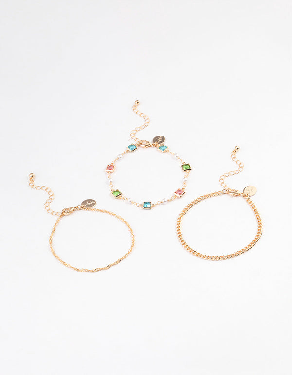 Gold Square Crystal Anklet Pack