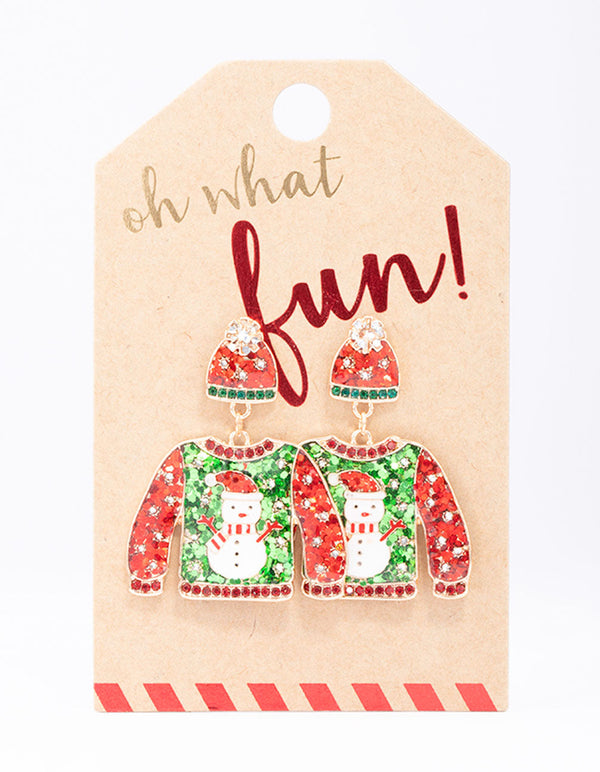 Gold Glitter Christmas Jumper Drop Earrings