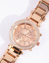 Rose Gold Diamante Surrounded Link Strap Watch - link has visual effect only