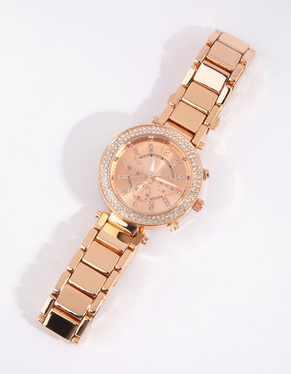 Rose Gold Diamante Surrounded Link Strap Watch
