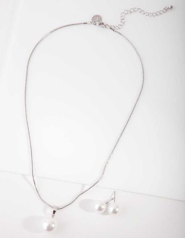 Silver Large Pearl Stud Necklace Earrings Set
