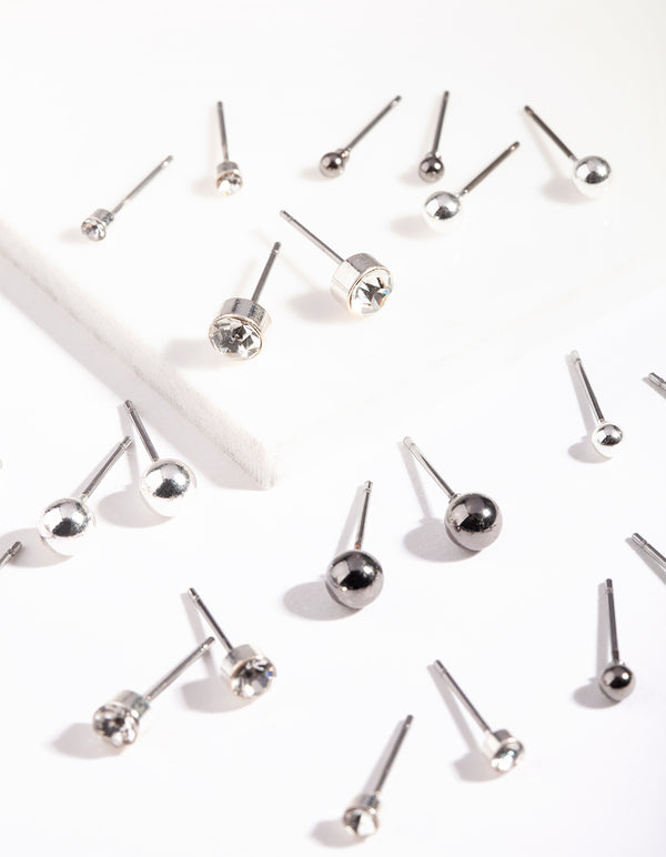 Silver Diamante Tiny Graduated Black Earrings 12-Pack