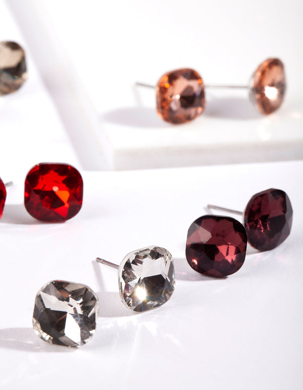 Silver Mini Square Crystal Stud Earring 5 pack