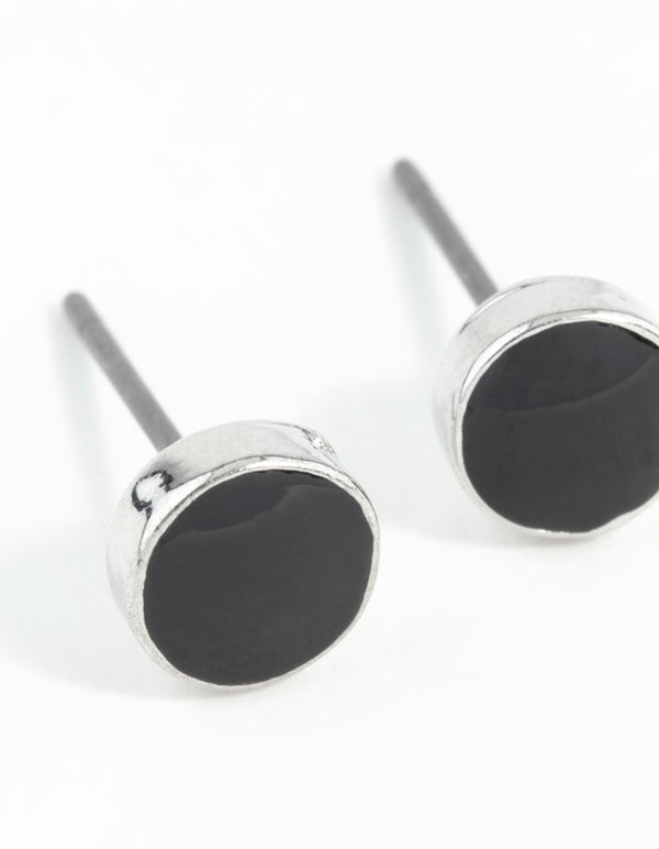 Silver Black Disc Earrings