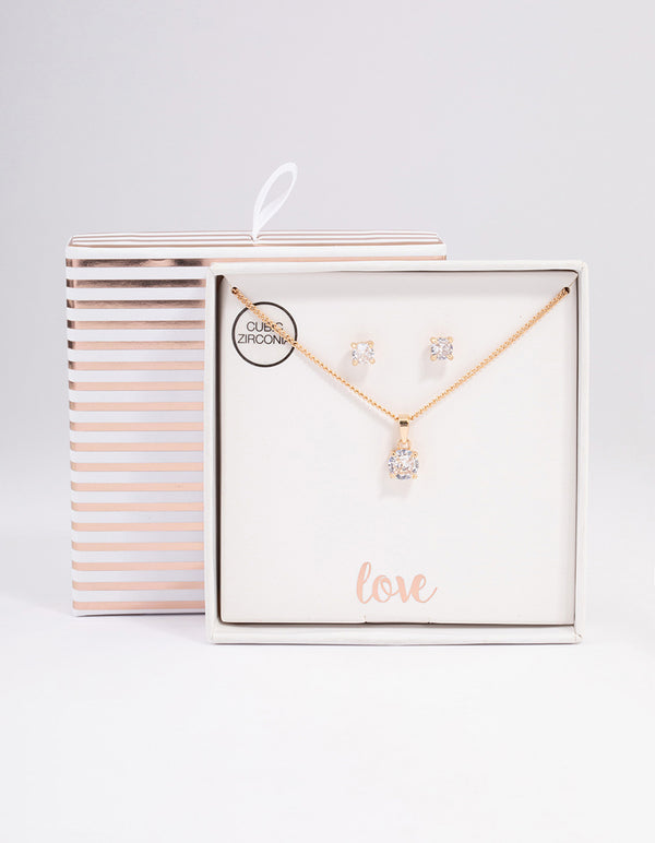 Gold Cubic Zirconia Classic Necklace Earrings Set