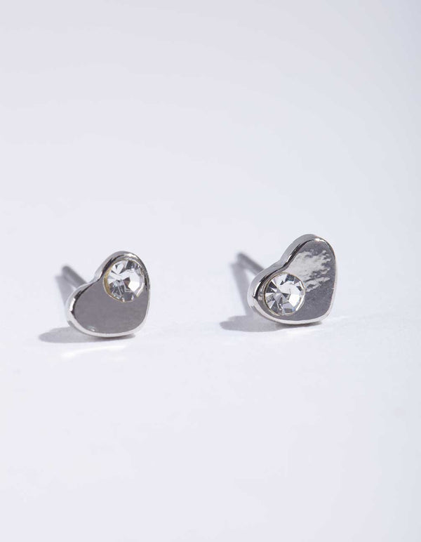Silver Mini Diamante Heart Stud Earrings