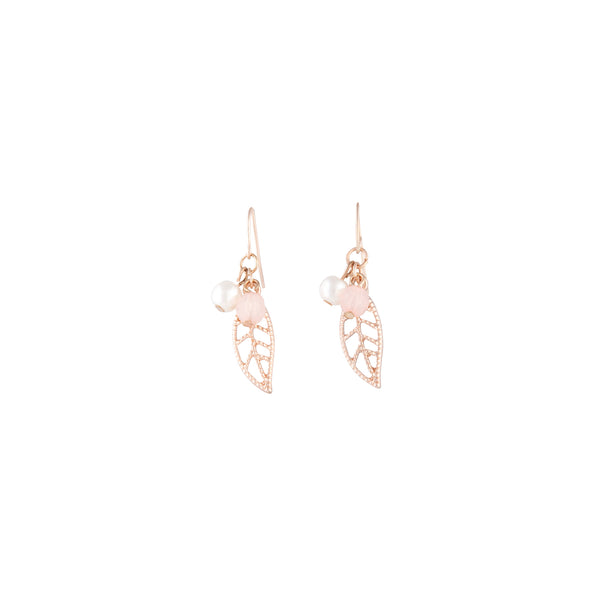 Rose Gold Pink Bead Leaf Drop Earrings