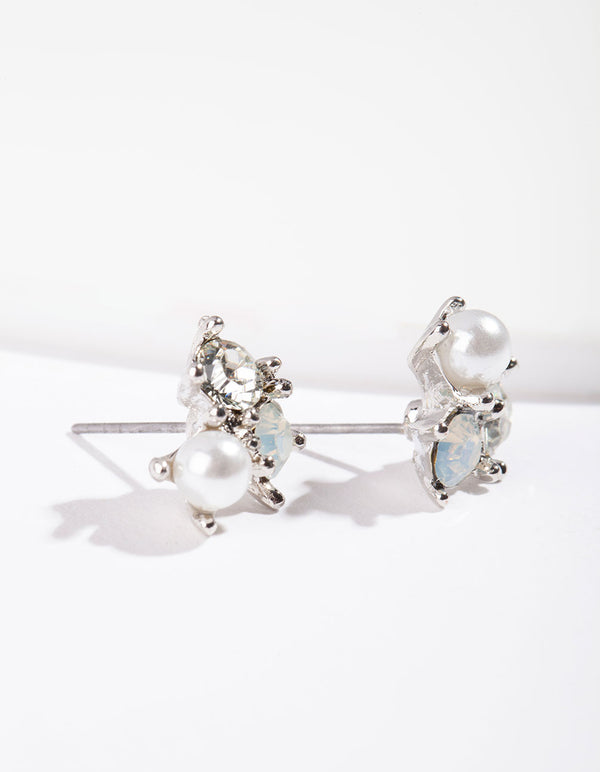 Silver Stone & Pearl Cluster Earrings