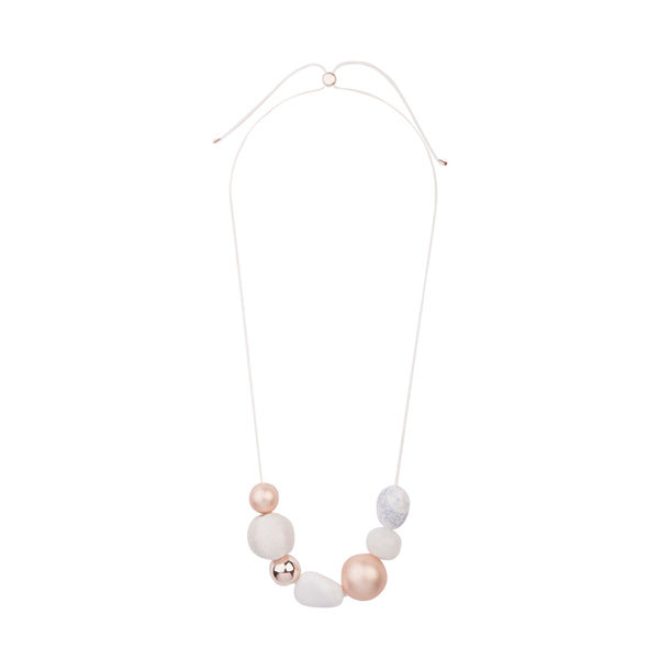 WHITE WAXED ROPE ADJUSTABLE NECKLACE WITH TEXTURED BEADS